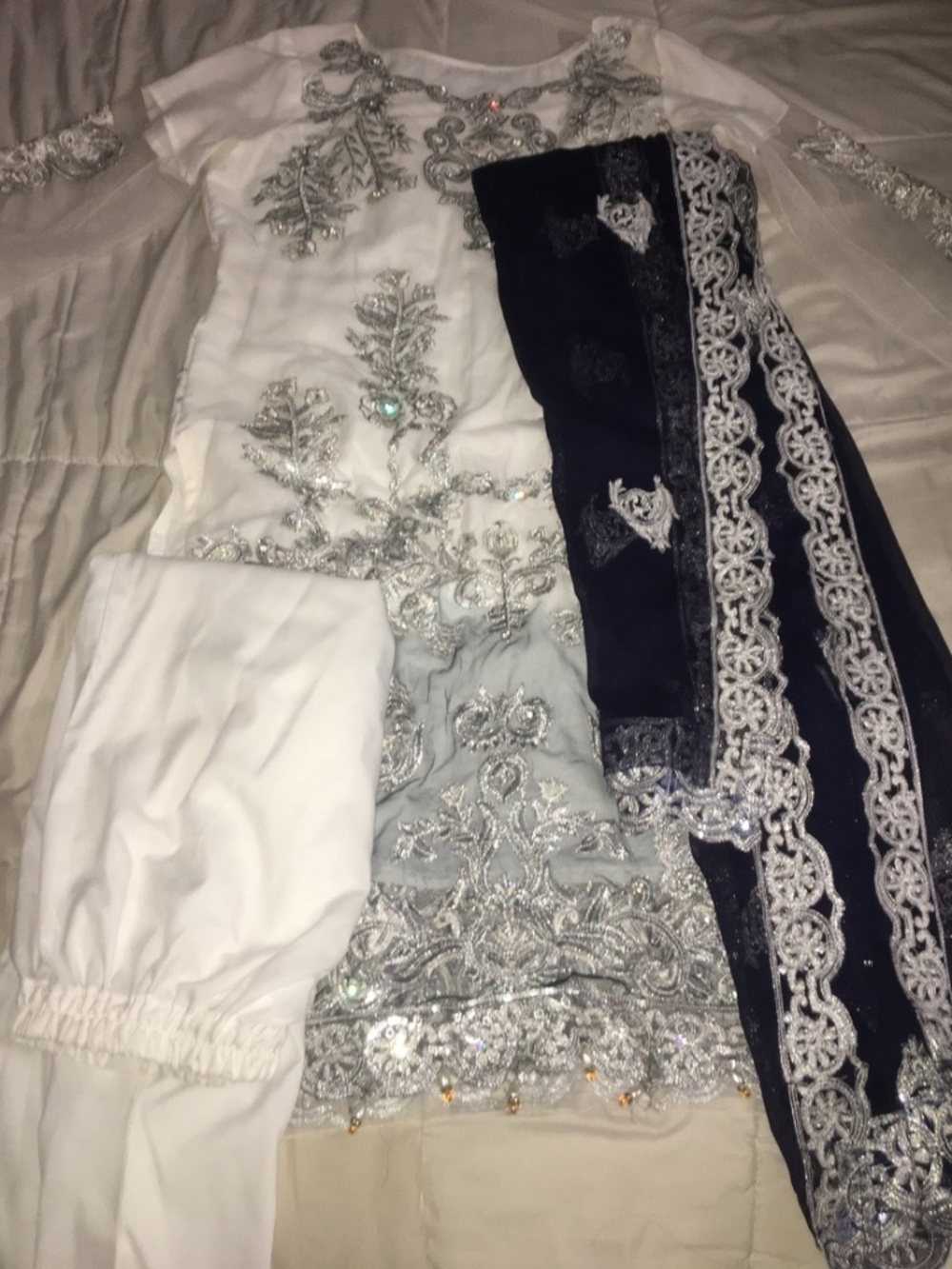 White and Blue Pakistani Party Suit Set with Embroidery